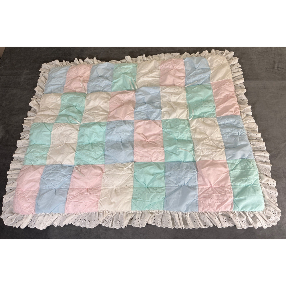 Baby Lap Quilt White Pink Blue Green Infant Patchwork Crib Eyelet Lace 42x51"